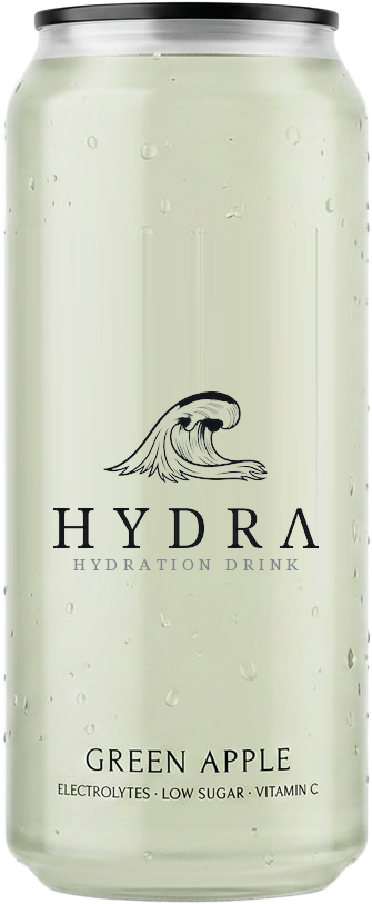 HYDRA Green Apple — transparent bottle with woodcut wave logo