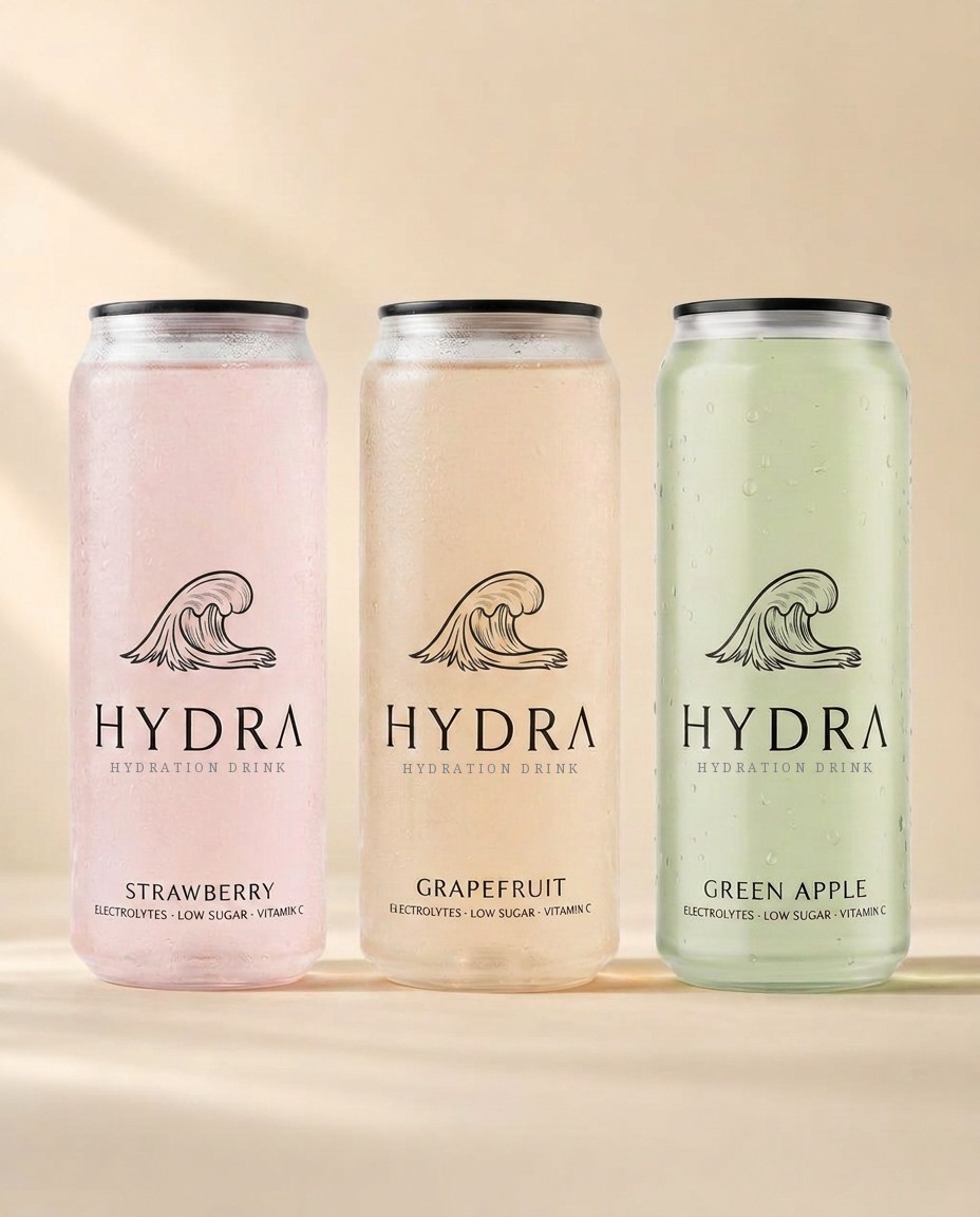 Полная линейка напитков HYDRA: клубника, грейпфрут и зелёное яблоко в прозрачных банках на песочном фоне